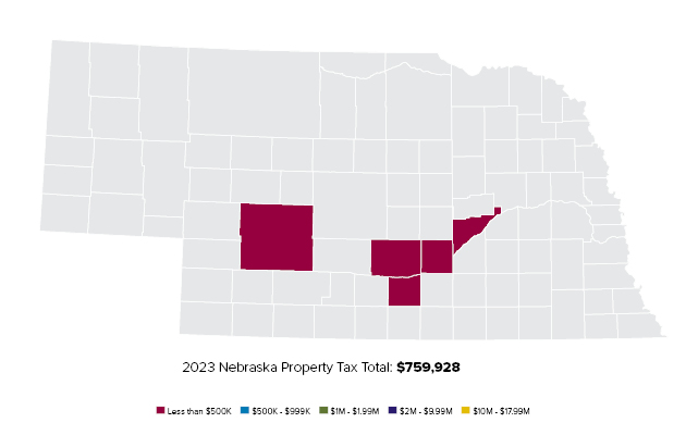 A map showing the property taxes paid in Nebraska